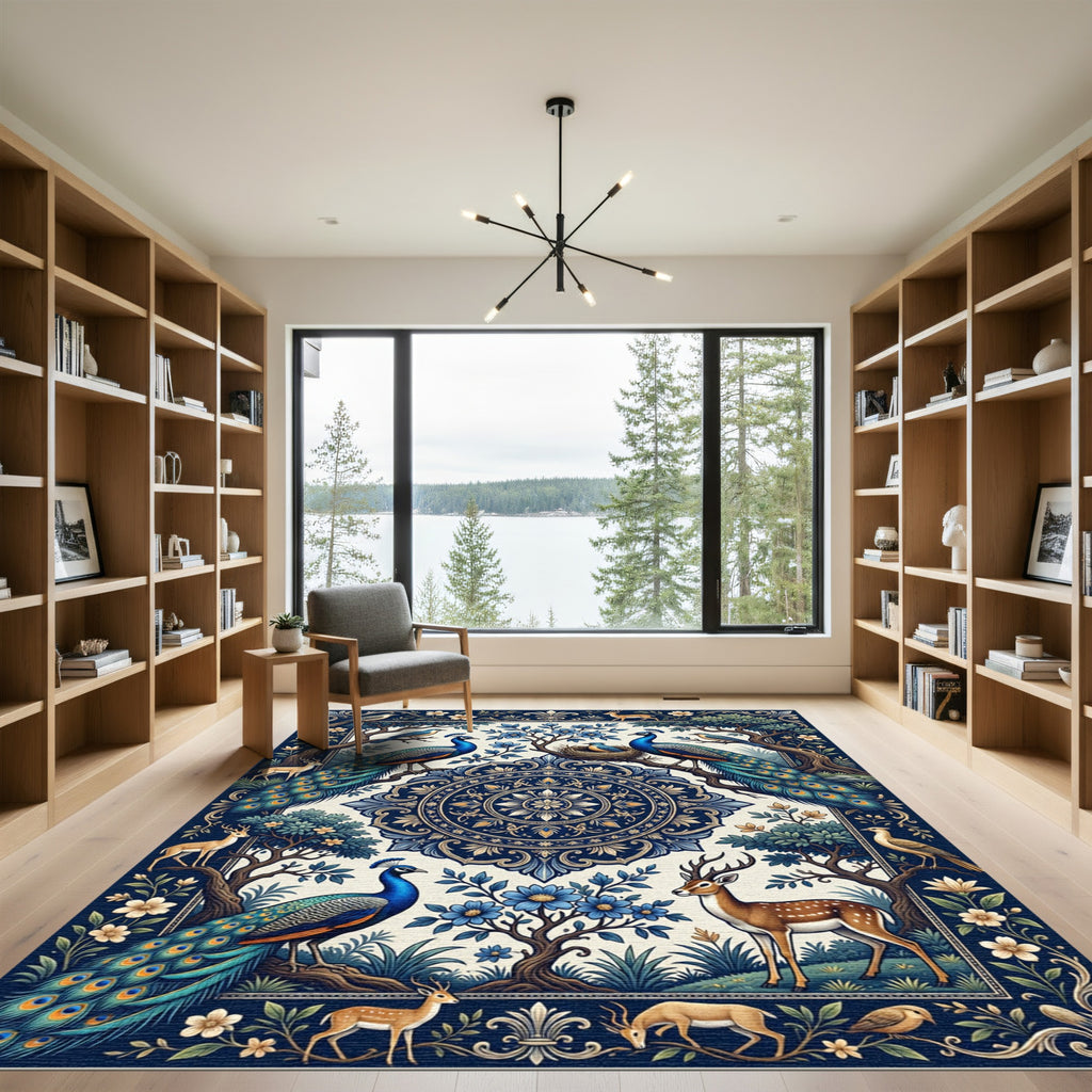 Nature Peacock Deer Floral Landscape Rug