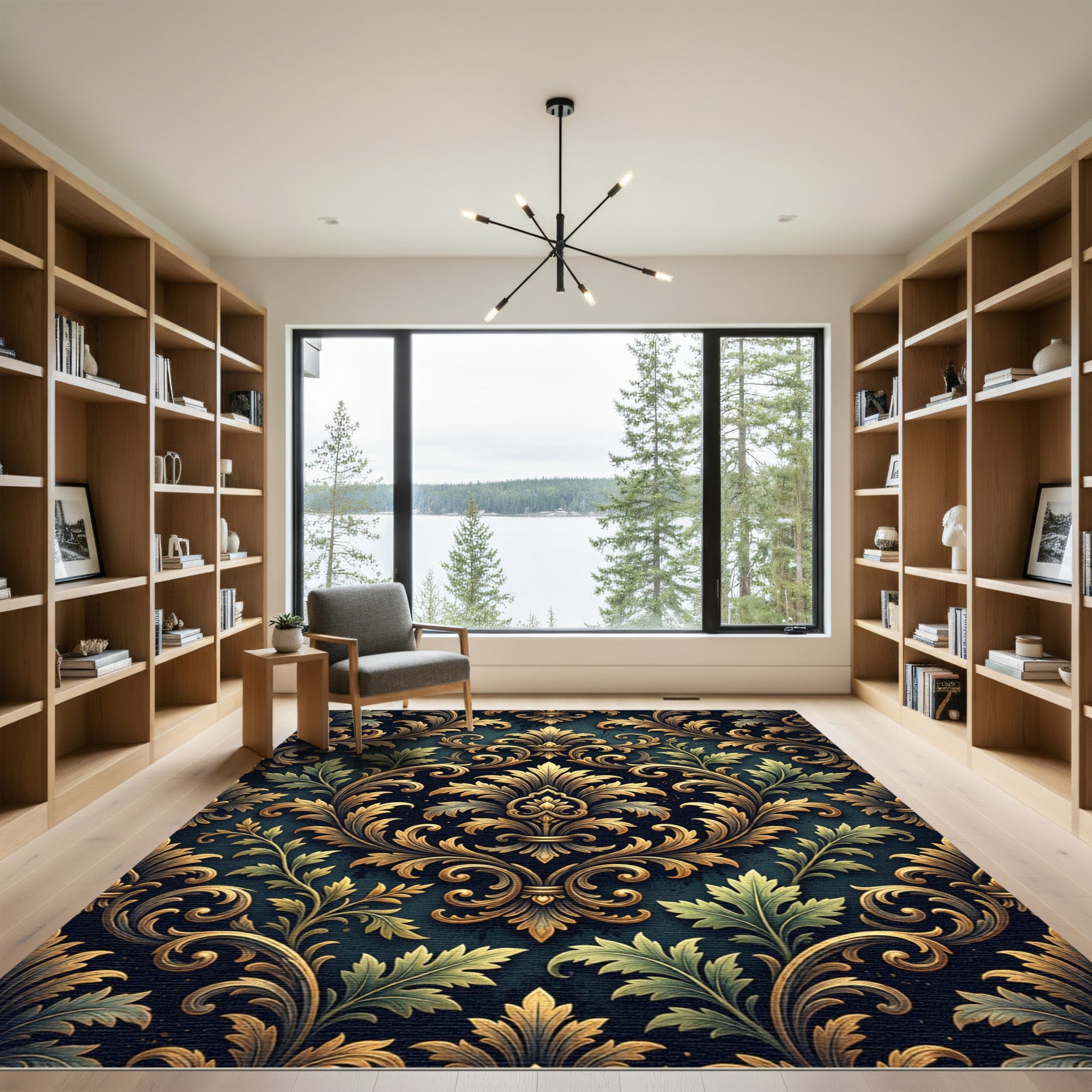 Elegant Golden Damask Floral Midnight Tapestry Rug
