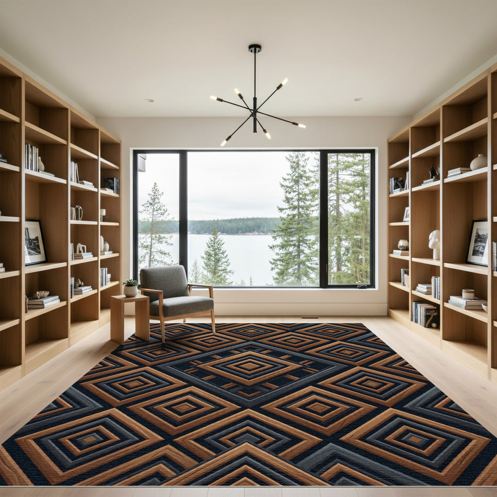 Sophisticated Charcoal and Wood Geometric Diamond Rug
