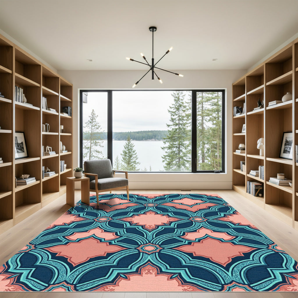 Navy Blue Peach Geometric Lattice Rug