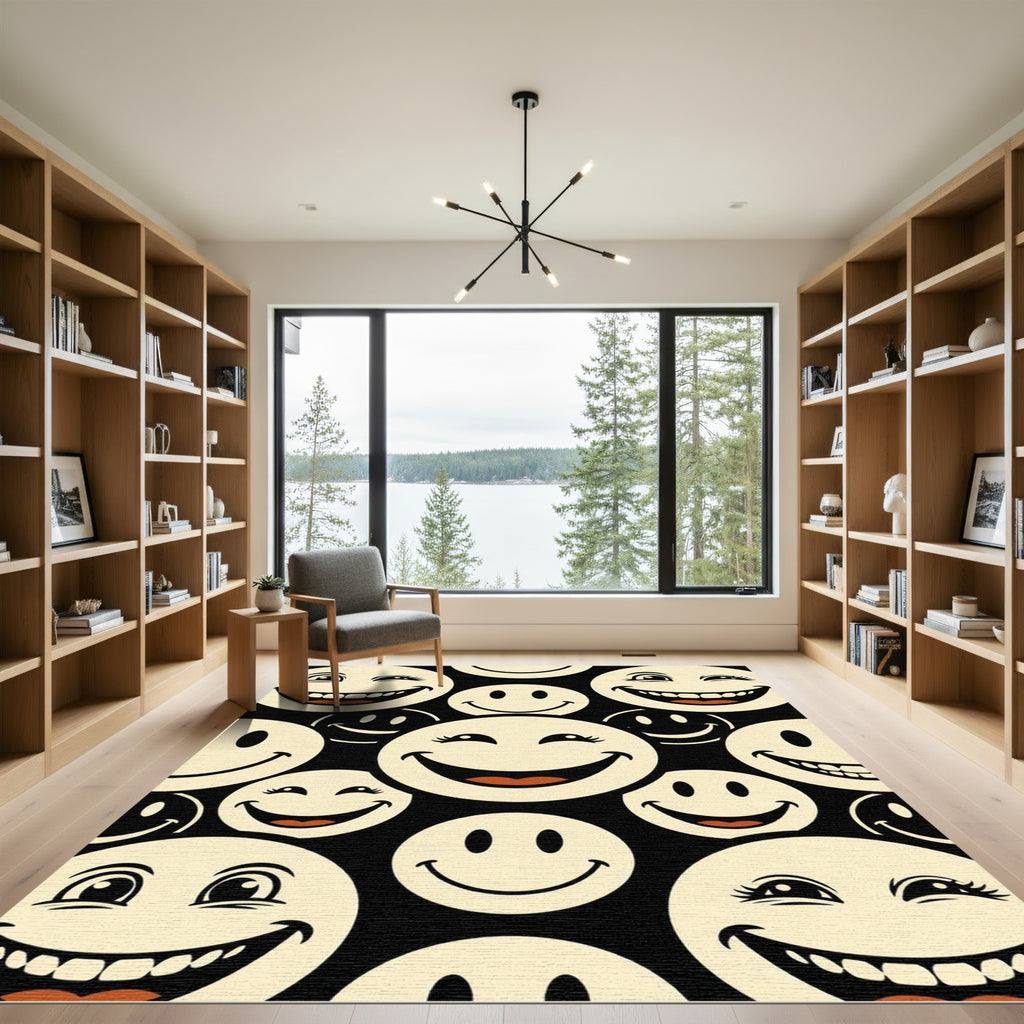 Retro Black and Cream Smiling Faces Rug