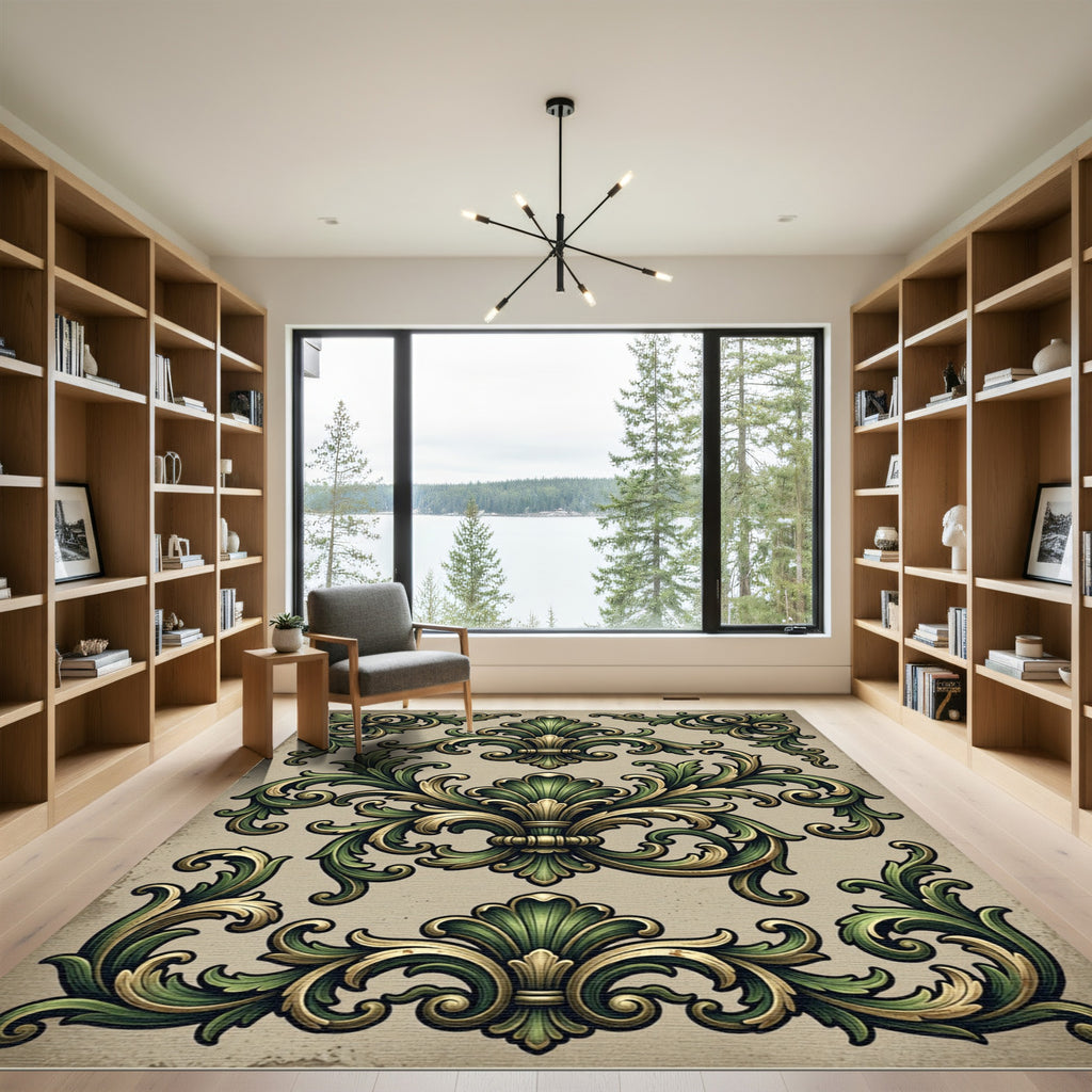 Ornate Green Gold Acanthus Scroll Rug