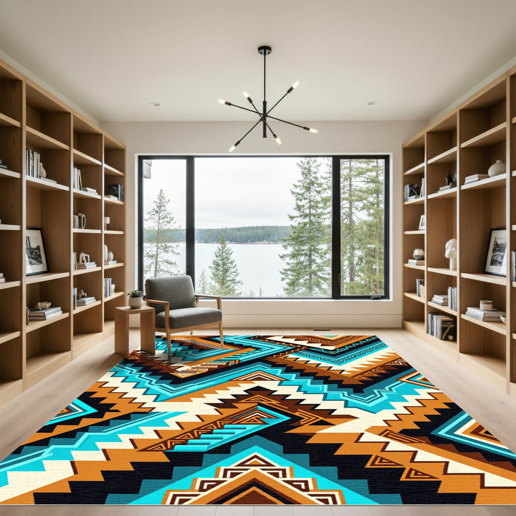 Vibrant Turquoise and Ochre Geometric Chevron Rug