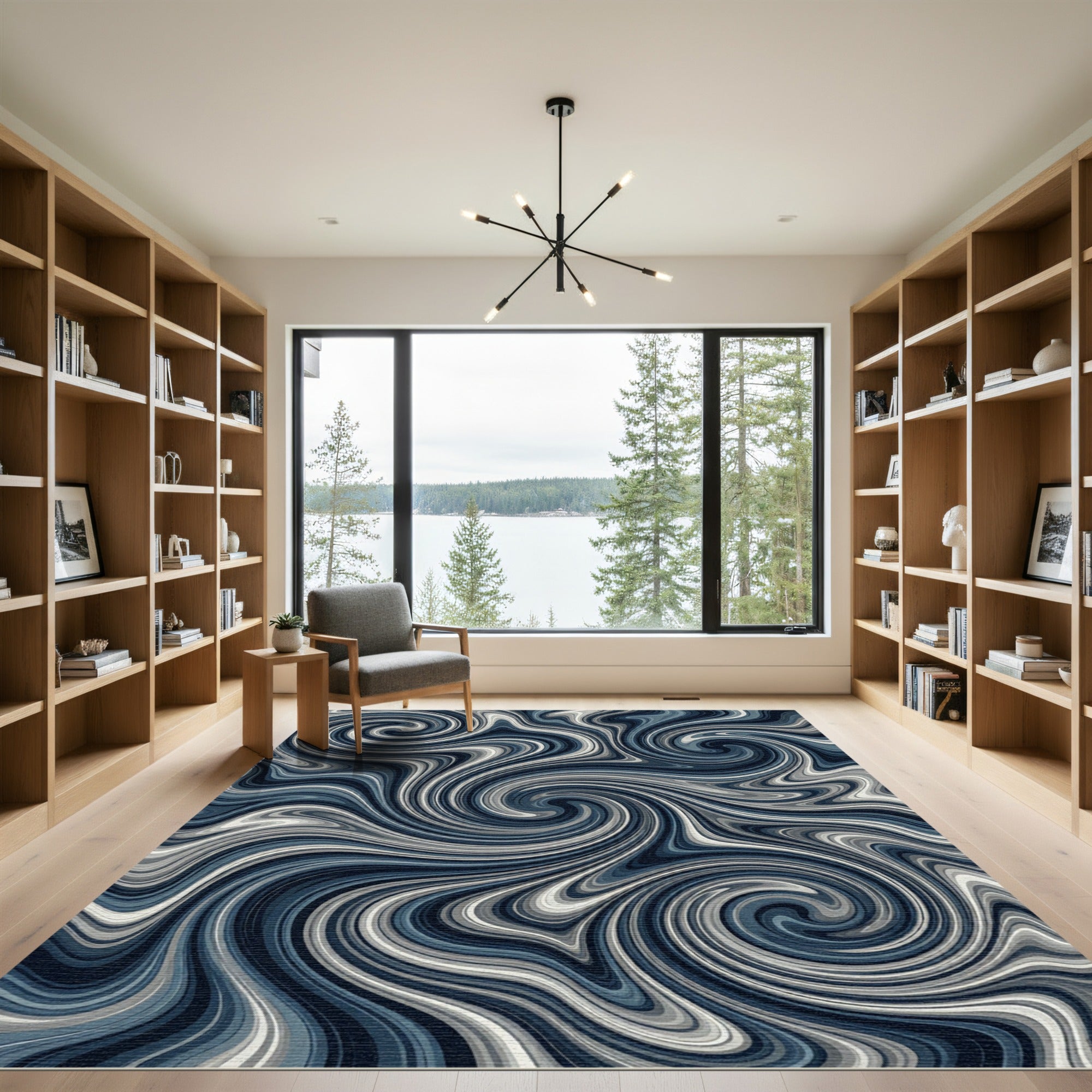 Deep Blue Swirling Marbled Waves Rug