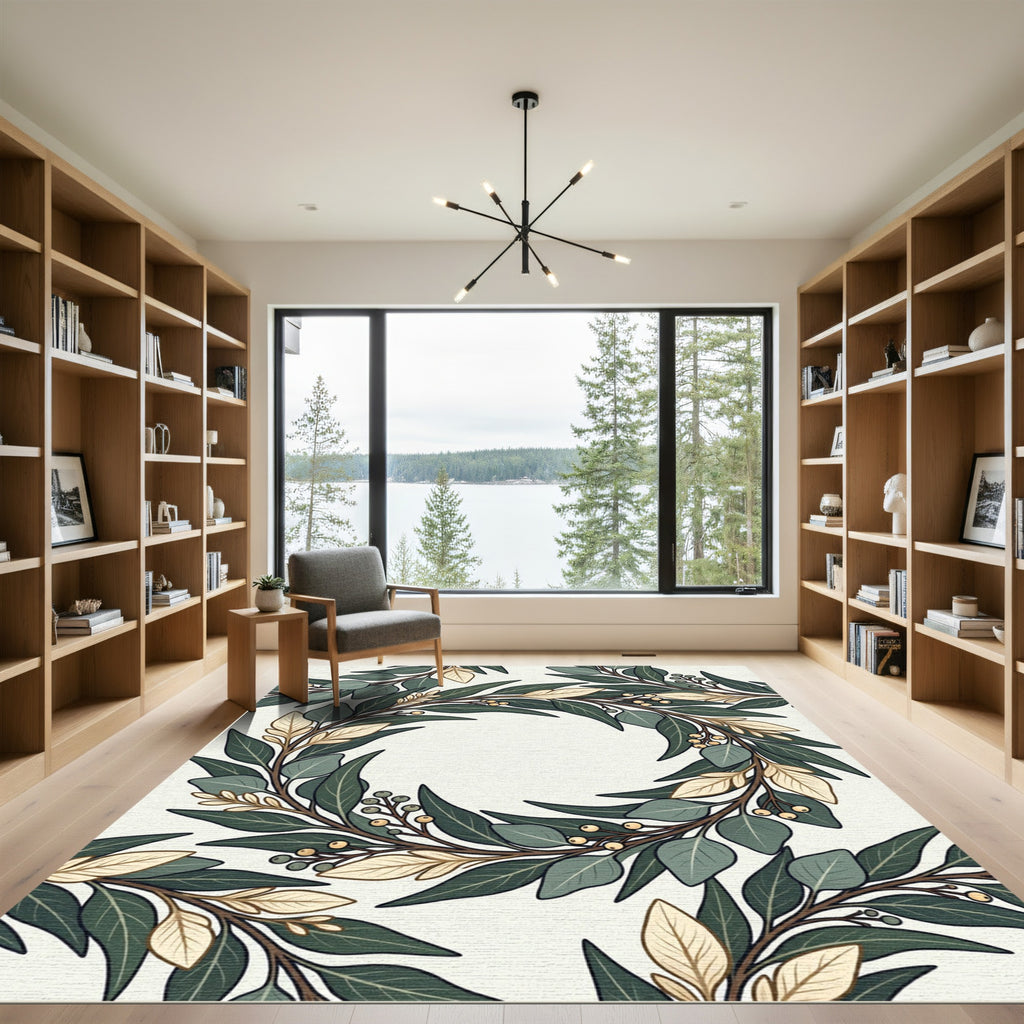 Botanical Wreath with Sage and Gold Leaves Rug