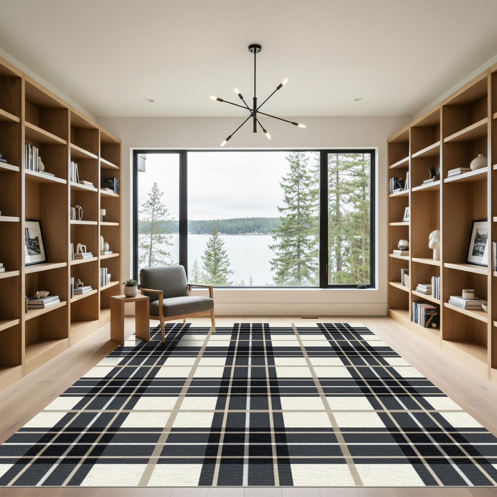 Modern Neutral Charcoal Plaid Grid Rug