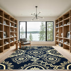Midnight Navy Geometric Starburst Cream Area Rug