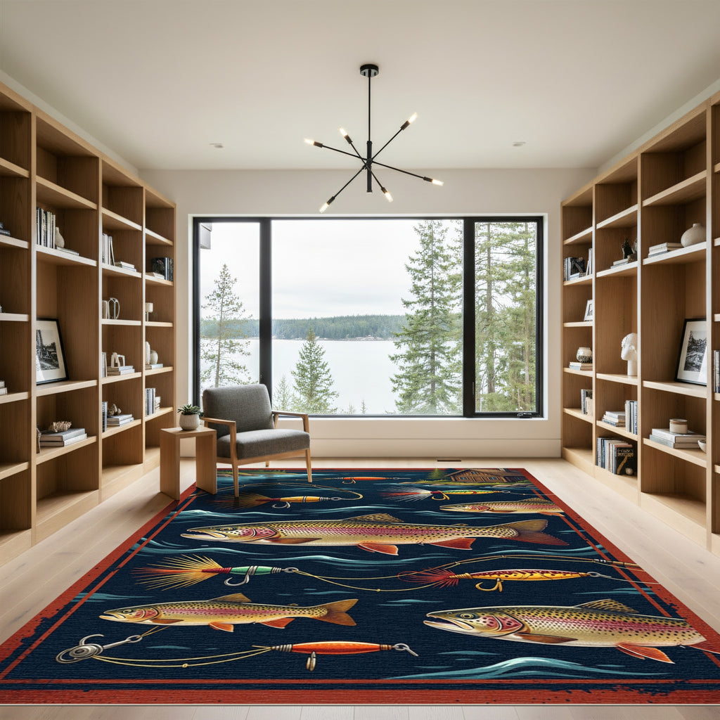 Vintage Trout Fishing Wilderness Scene Rug