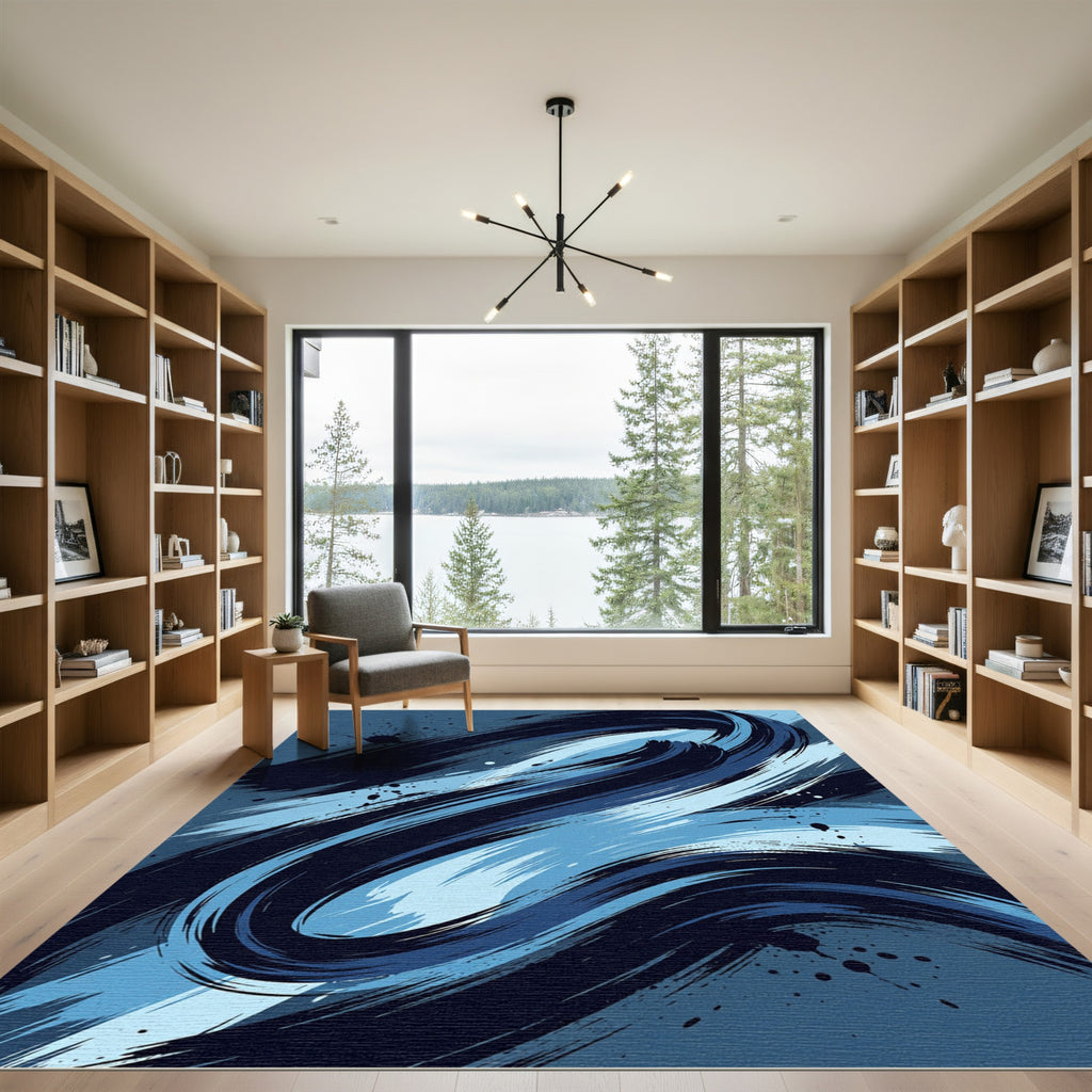 Swirling Azure Ink Abstract Wave Rug