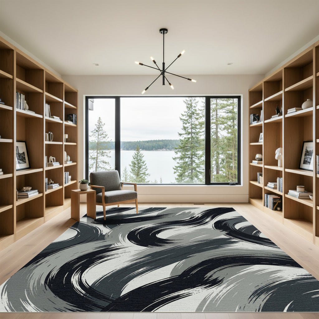 Monochrome Abstract Charcoal Swirl Art Rug