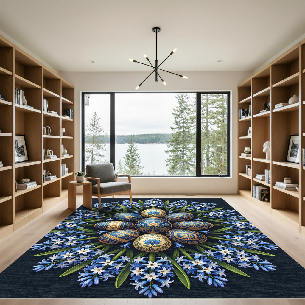 Golden Floral Ornate Egg Blue Hyacinth Rug