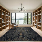 Elegant Charcoal Floral Trellis Medallion Rug