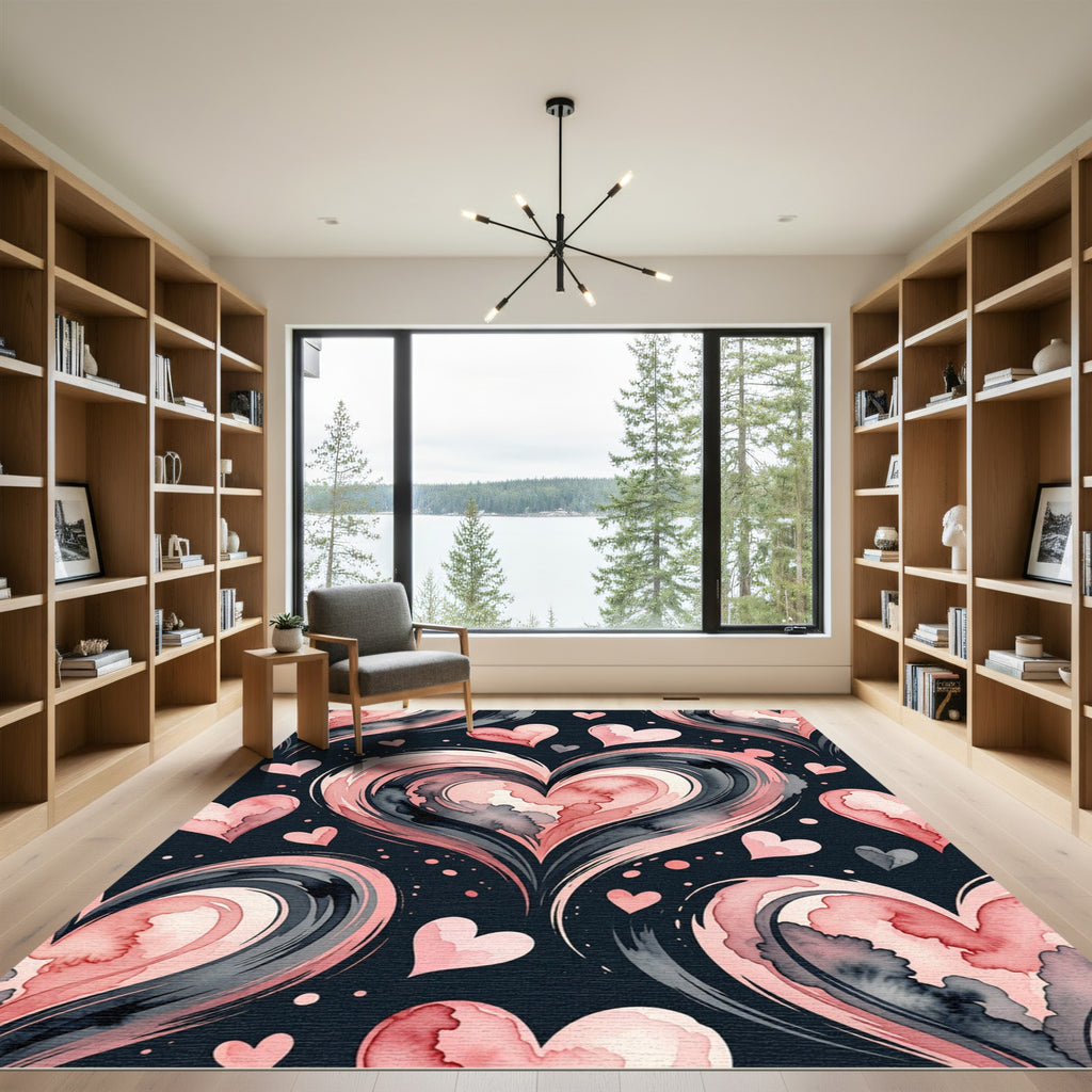 Pink Hearts Swirl Watercolor Composition Rug