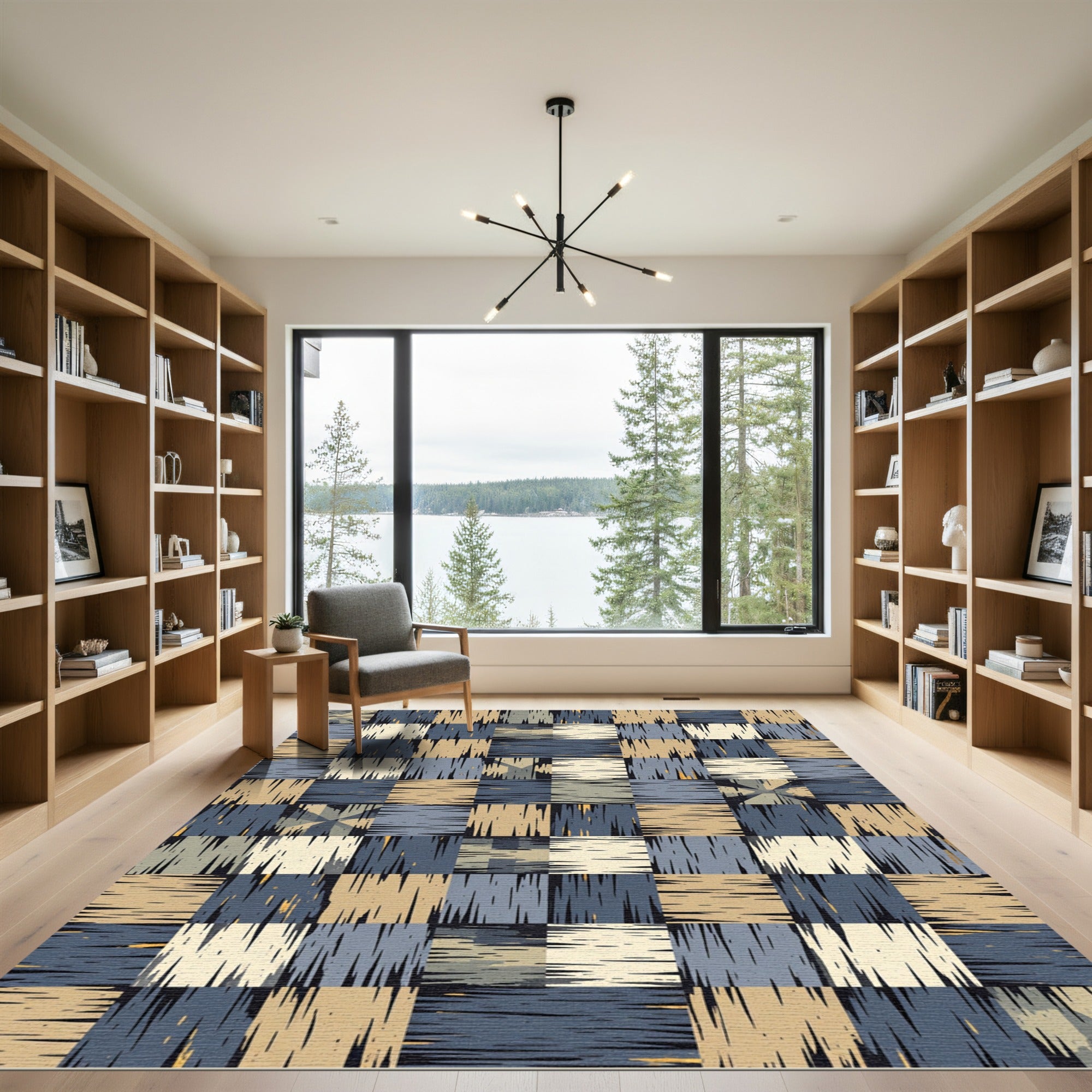 Modern Blue and Beige Checked Rug