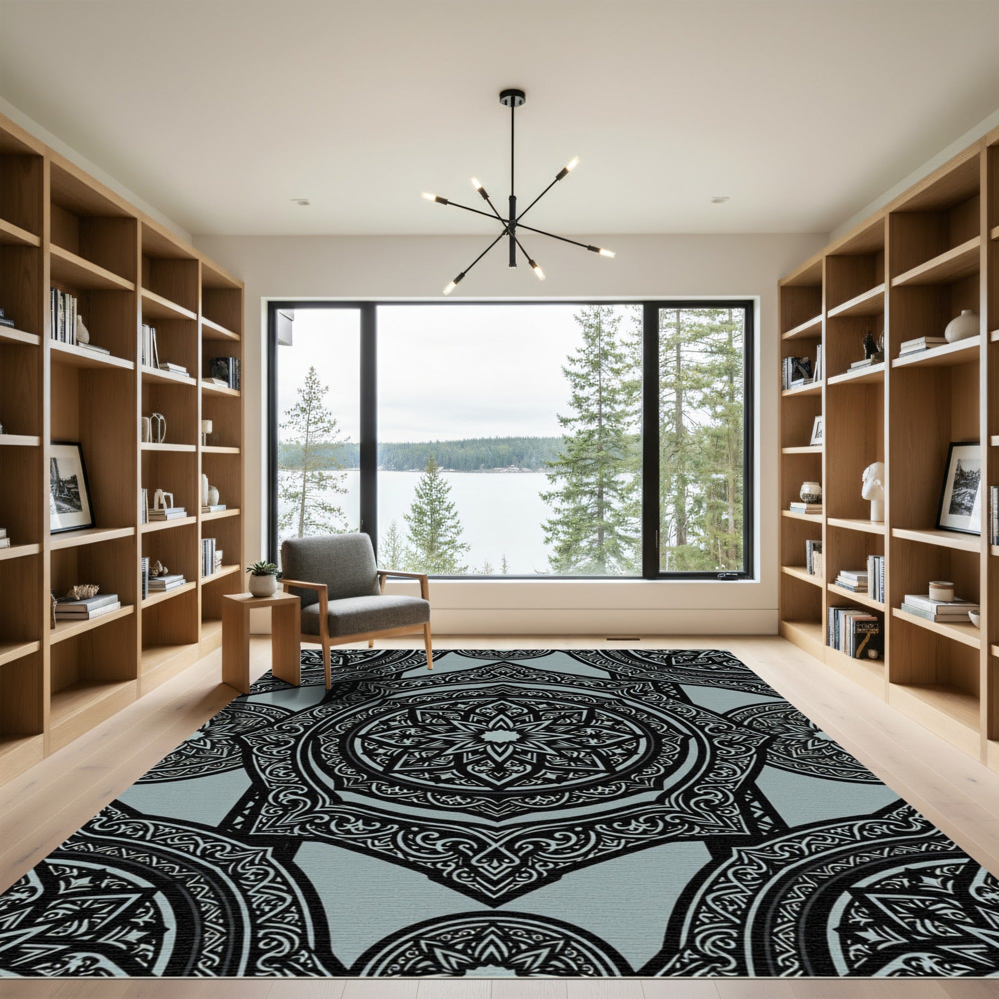 Elegant Sage Black Ornate Hexagonal Medallion Rug