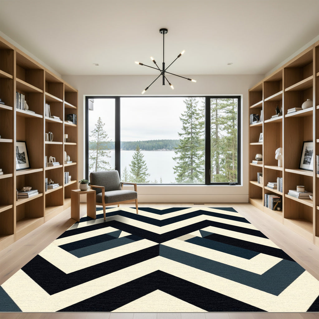 Monochromatic Black and Ivory Geometric Chevron Rug