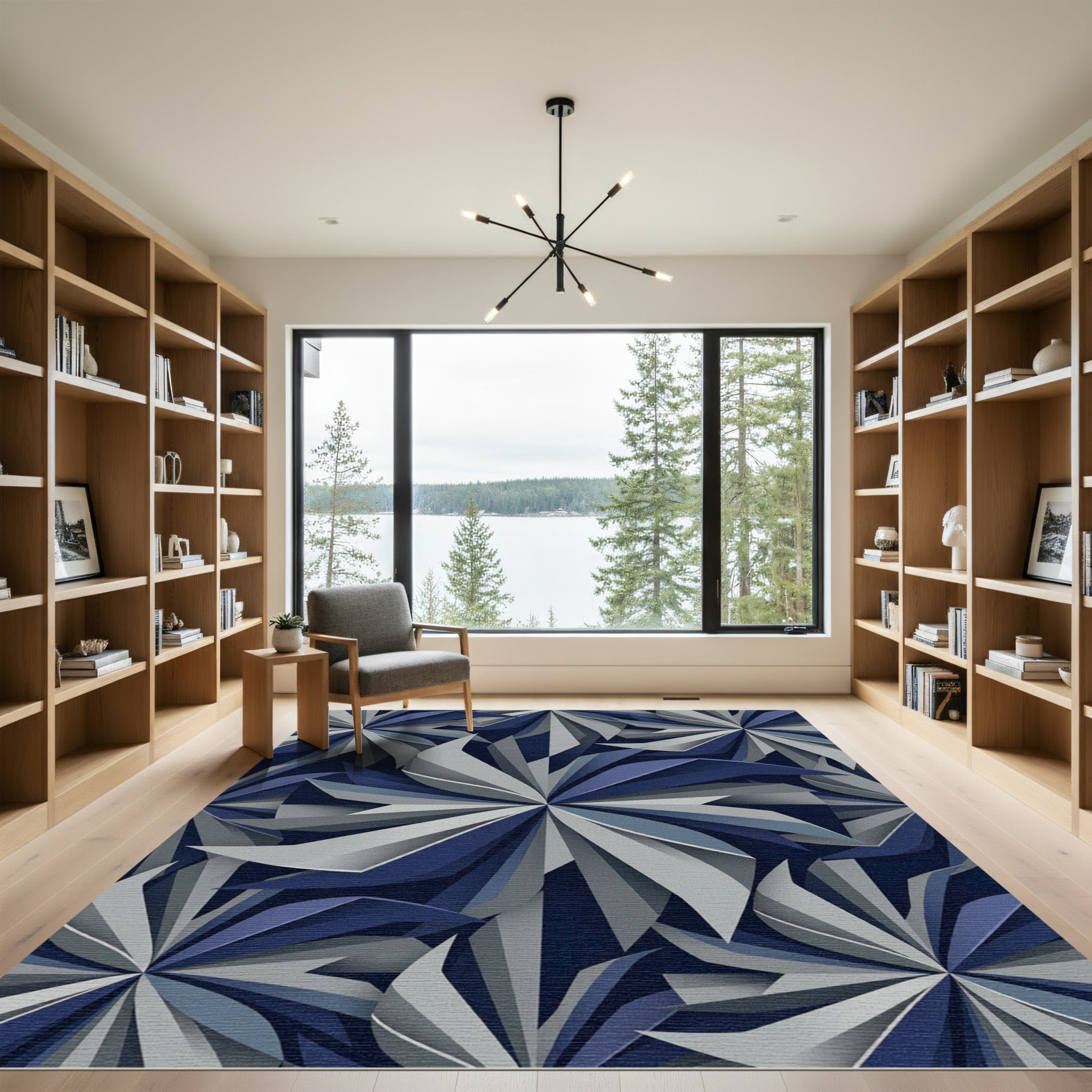 Modern Navy and Gray Geometric Swirl Rug