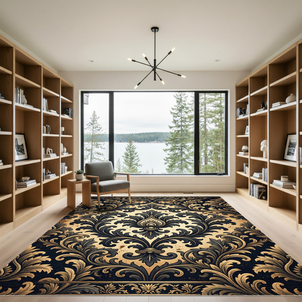 Ornate Black and Gold Damask Swirls Rug