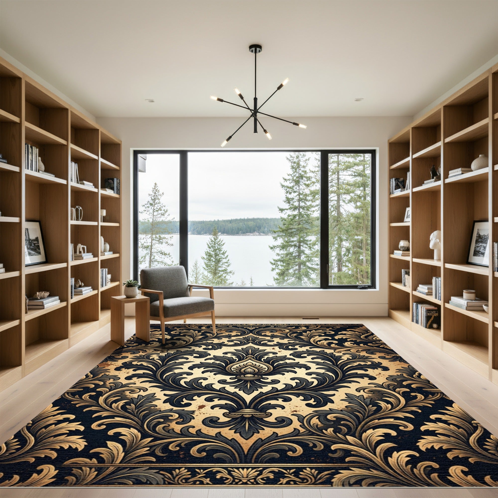 Ornate Black and Gold Damask Swirls Rug