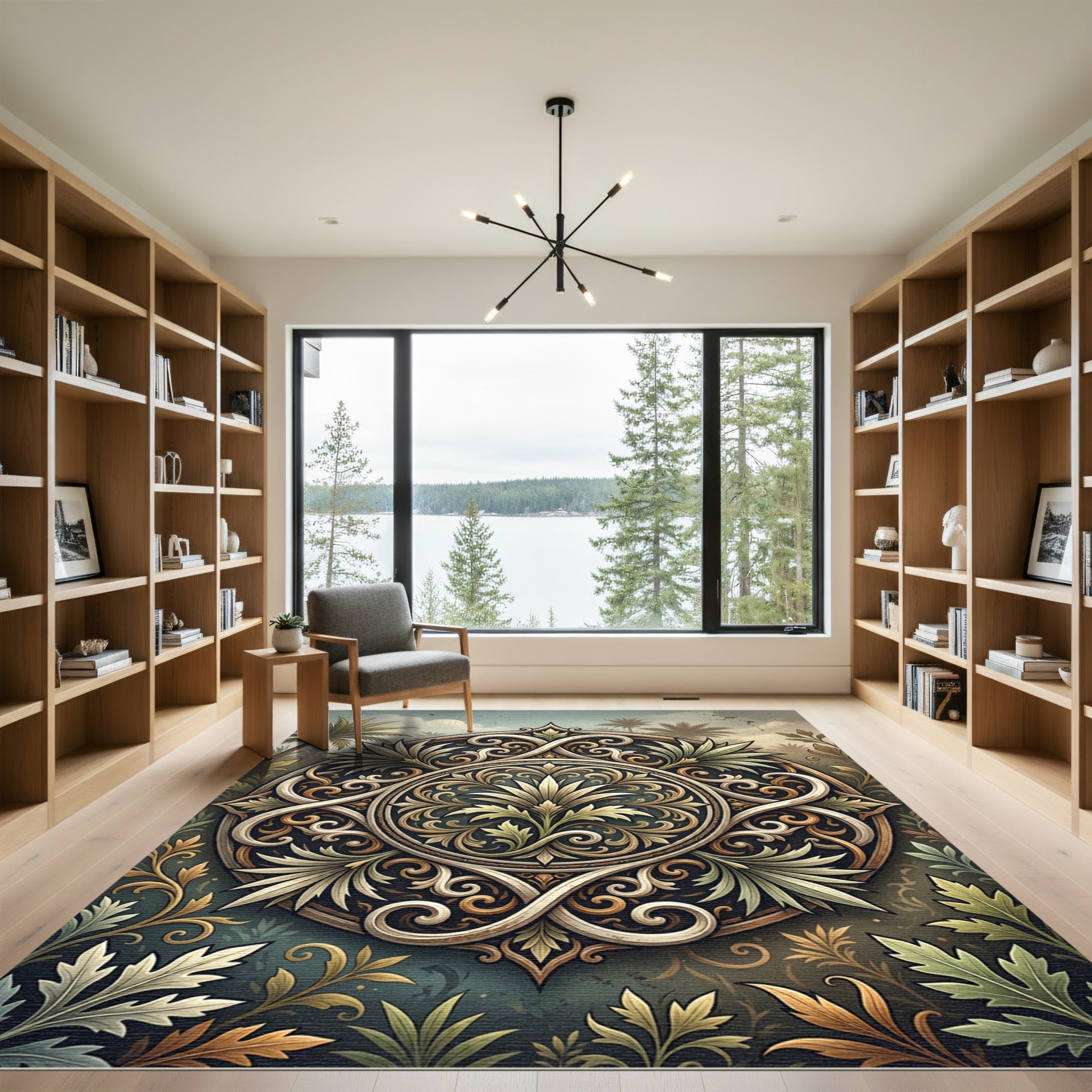Ornate Golden Tropical Leaf Medallion Rug