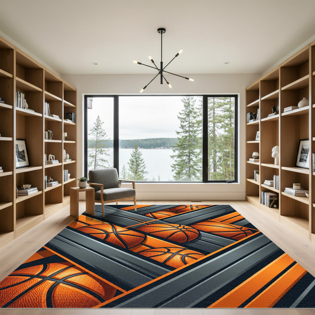 Dynamic Orange Basketball Geometric Stripe Rug