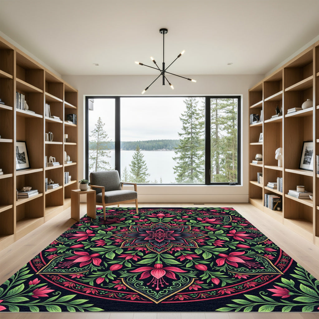 Dark Pink Floral Mandala Art Rug
