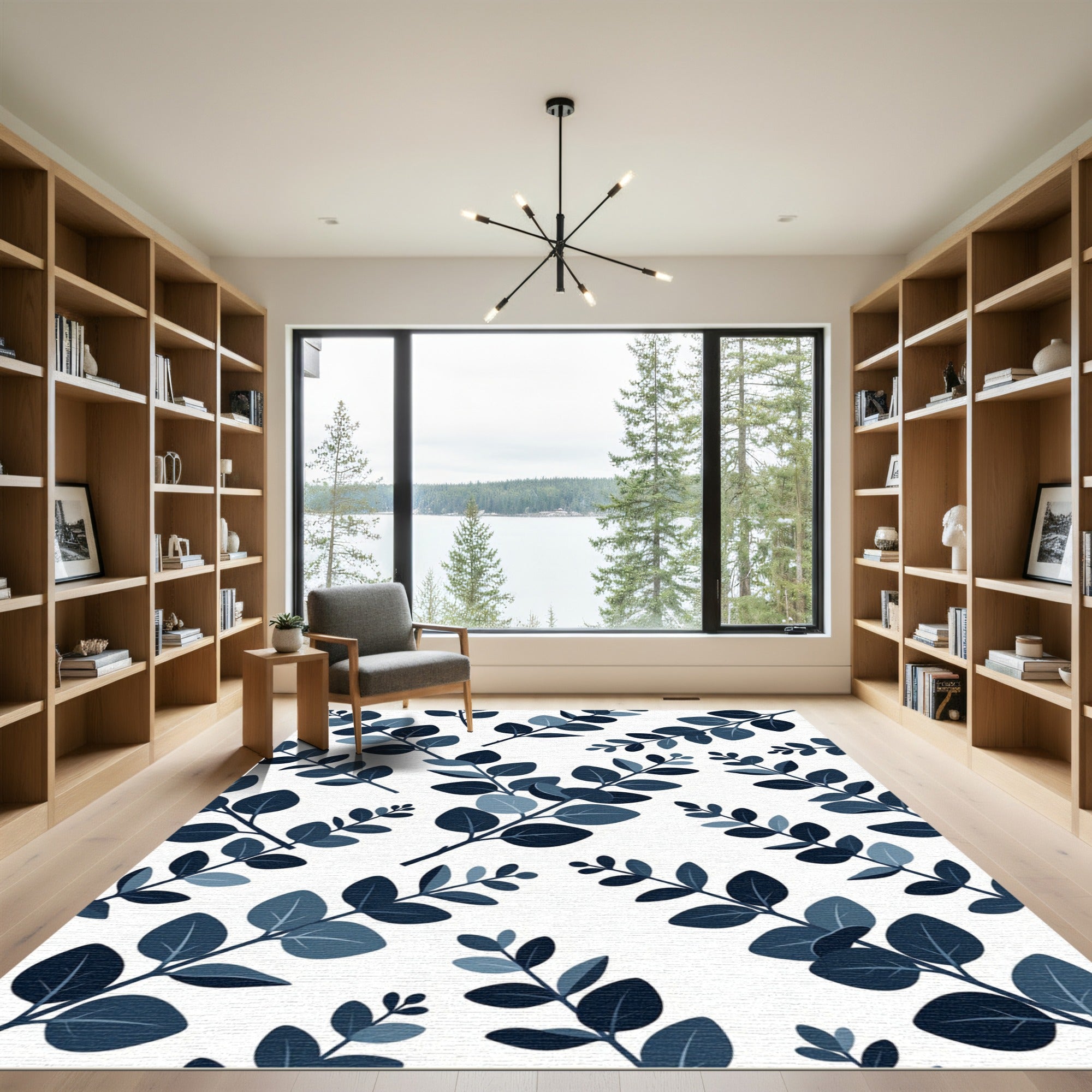 Navy Blue Leafy Branch Pattern Rug