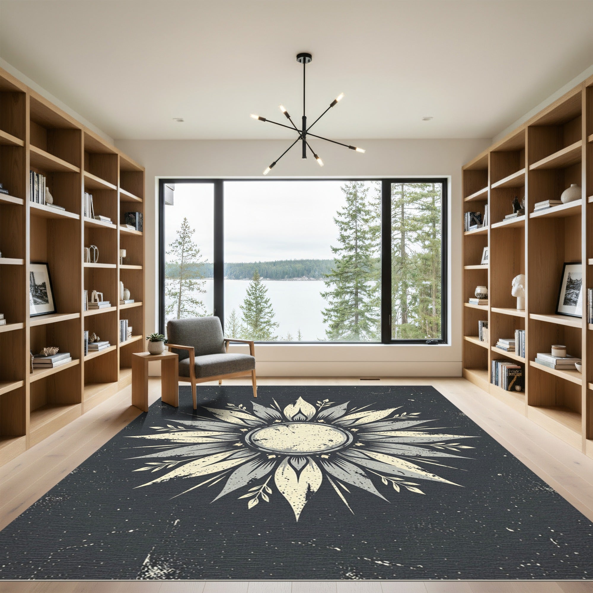 Midnight Gray Celestial Sunburst Floral Rug
