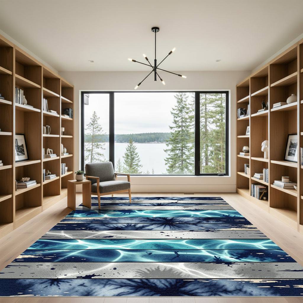 Abstract Navy Blue Liquid Marble Stripe Rug
