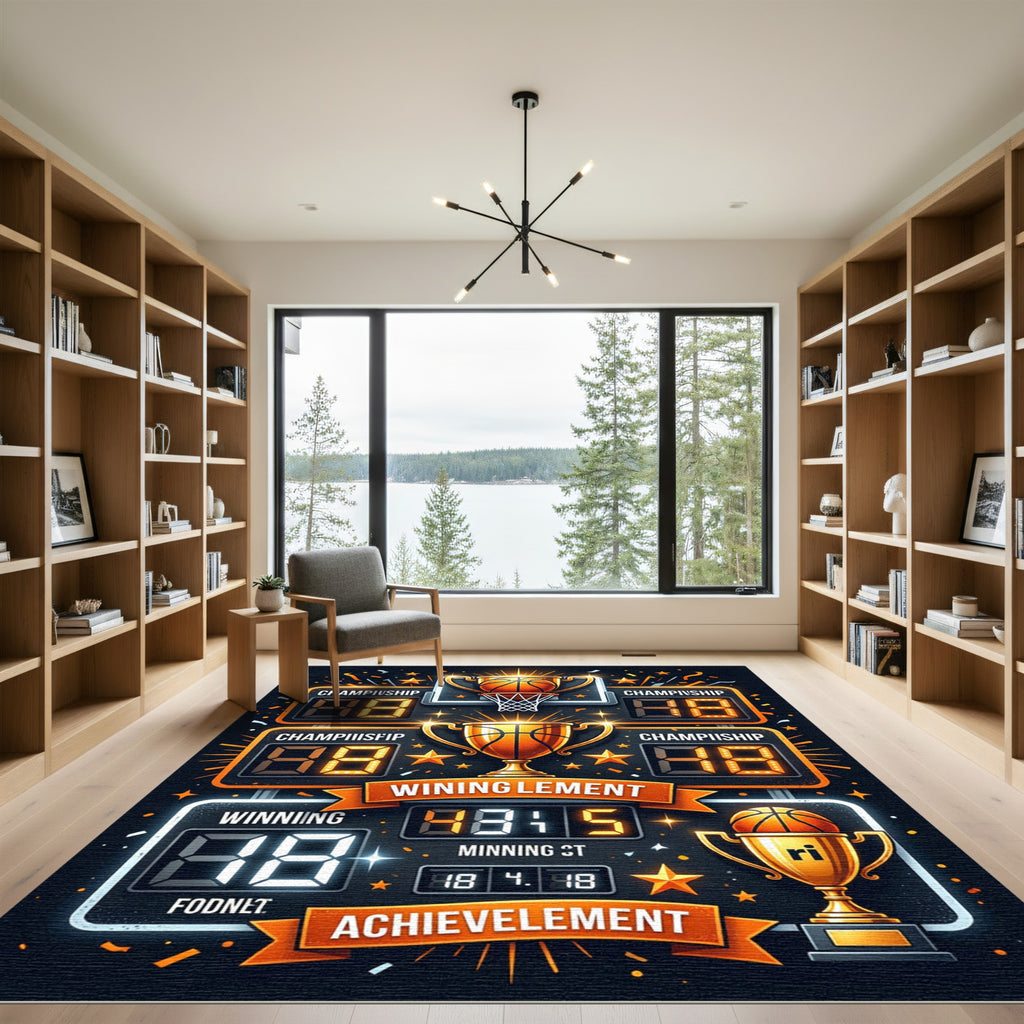 Golden Basketball Championship Trophy Scoreboard Rug