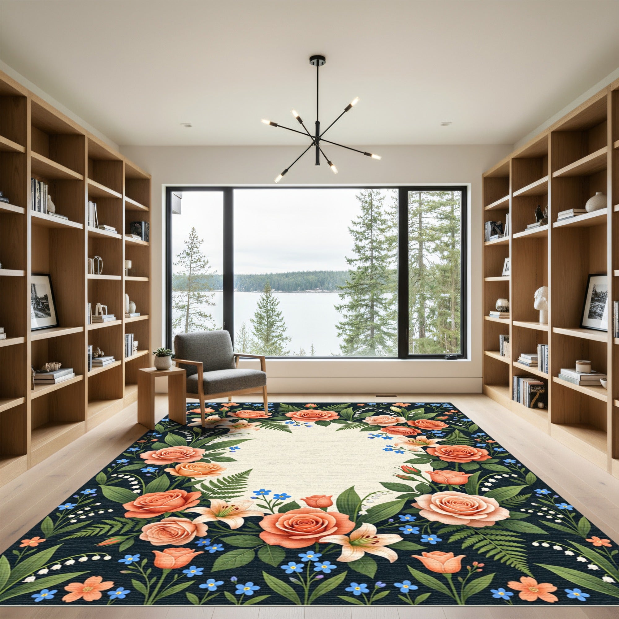 Coral Peach Floral Lily Garden Rug