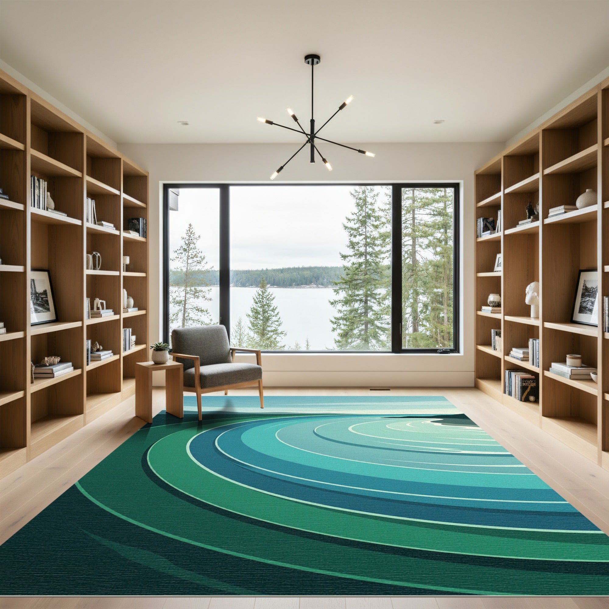 Curving Teal Ocean Landscape Rug