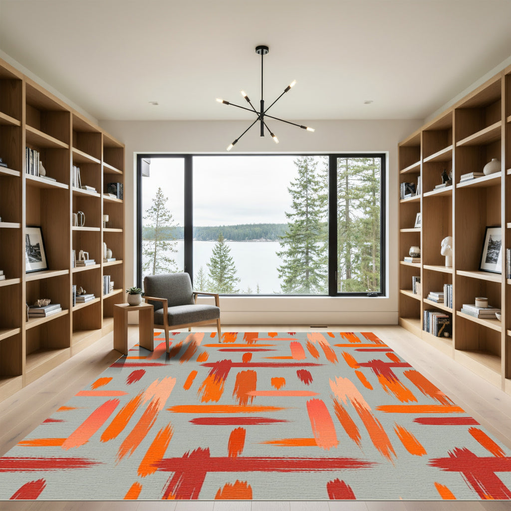 Vibrant Orange Red Abstract Brushstroke Rug