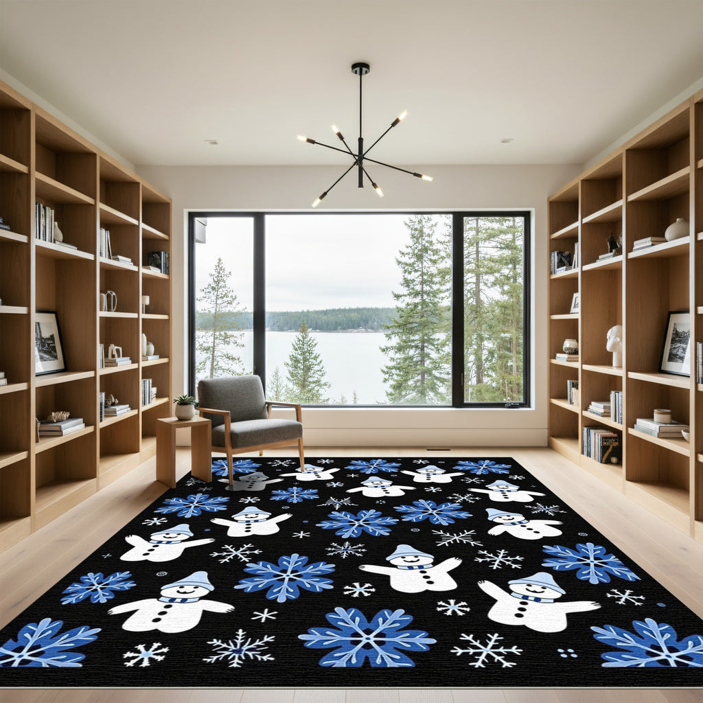 Blue Snowflakes and Cute Snowmen Toss Rug