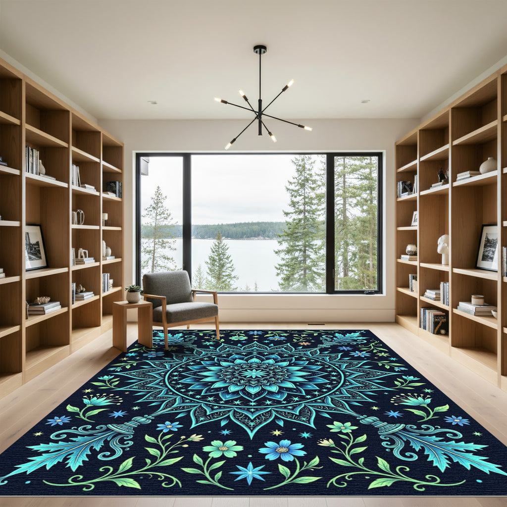 Teal Blue Floral Mandala Art Rug