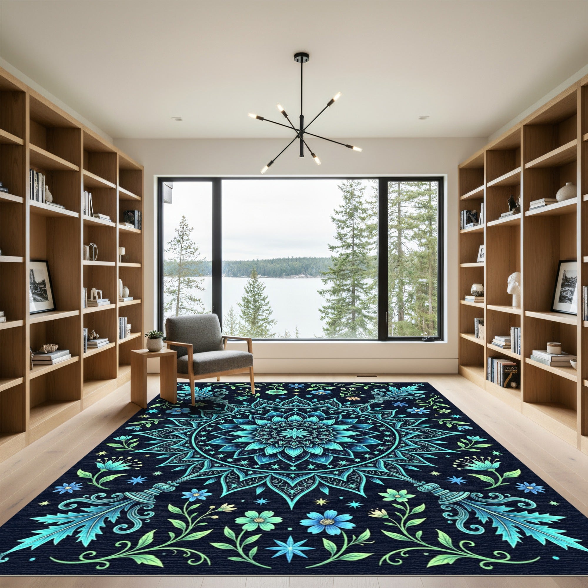 Teal Blue Floral Mandala Art Rug