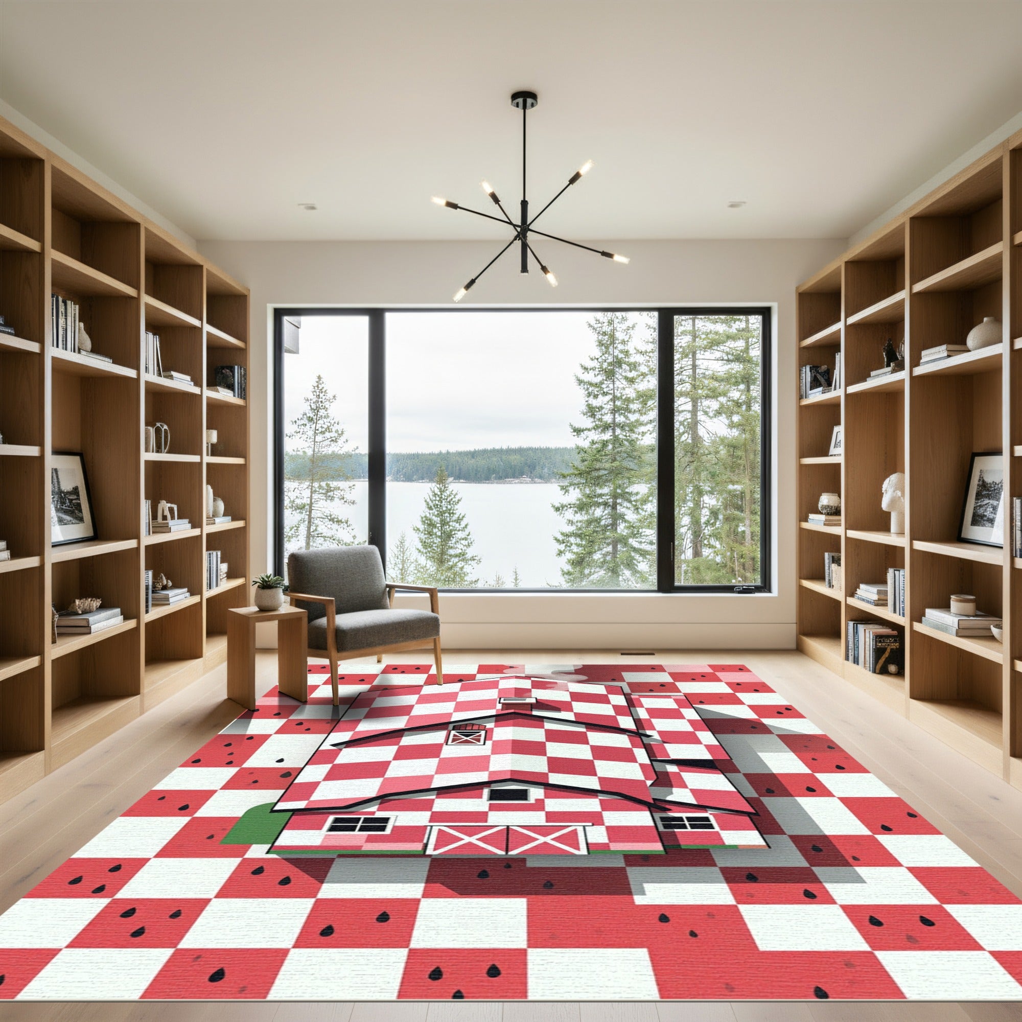 Red White Checkered Barn Motif Rug