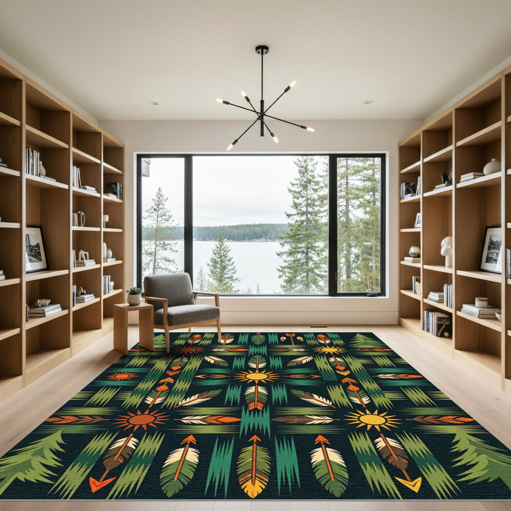 Green Forest Sun Feather Arrow Rug