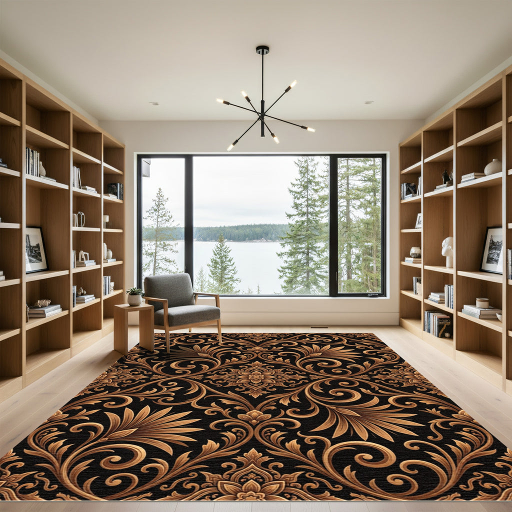 Ornate Gold Floral Scrollwork Rug