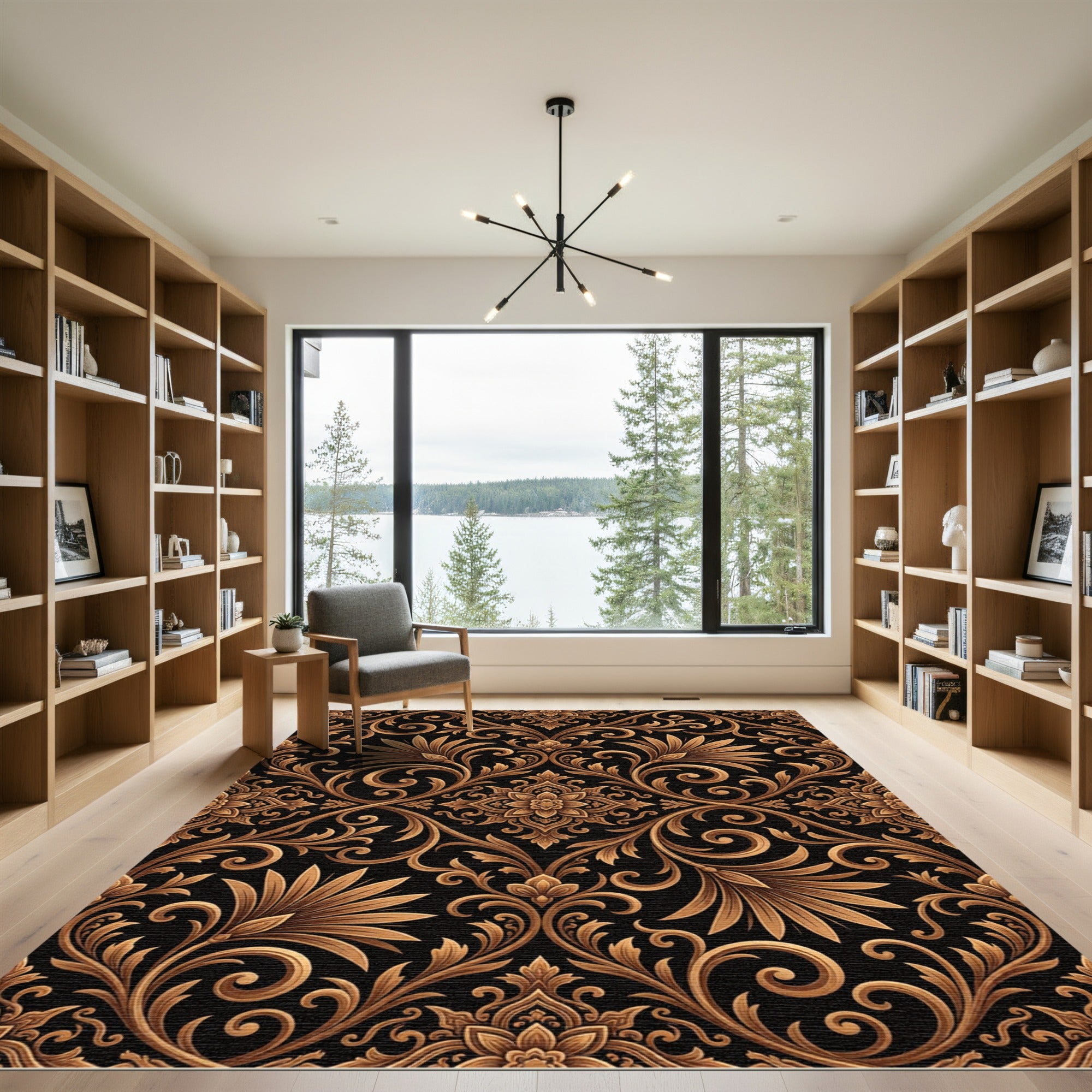 Ornate Gold Floral Scrollwork Rug
