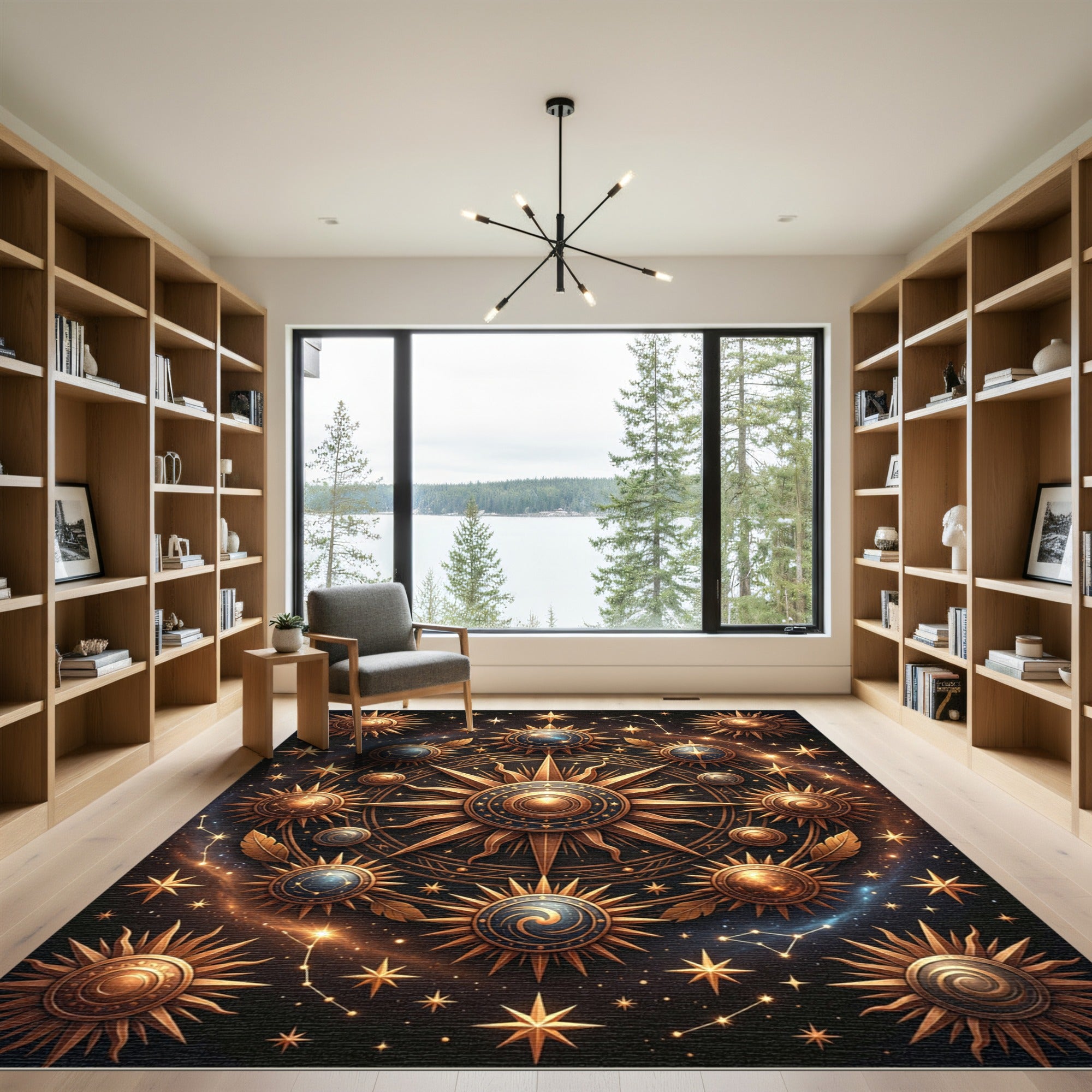 Celestial Gold Sunburst Astrology Medallion Rug