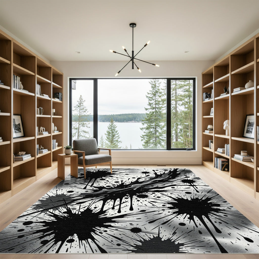 Monochromatic Abstract Black Ink Splatter Rug