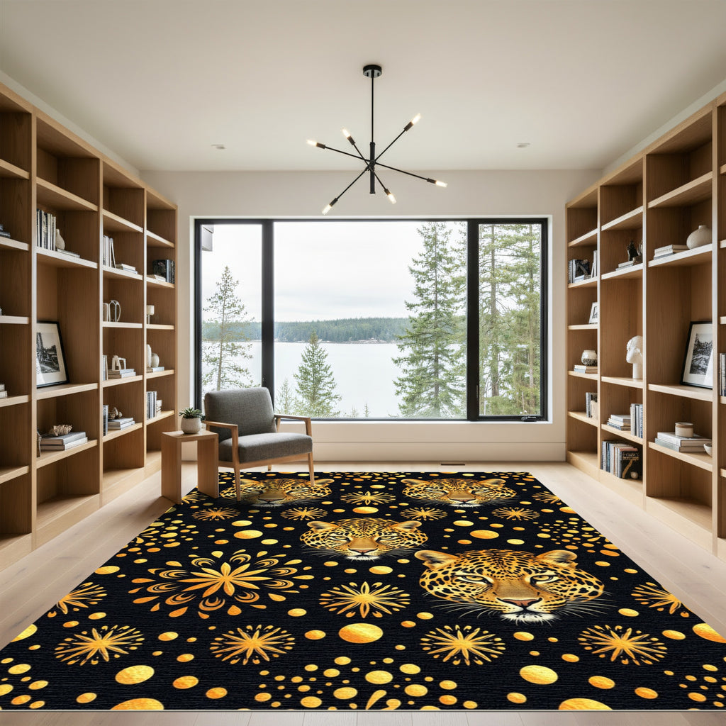 Golden Leopard Heads Fireworks Pattern Rug