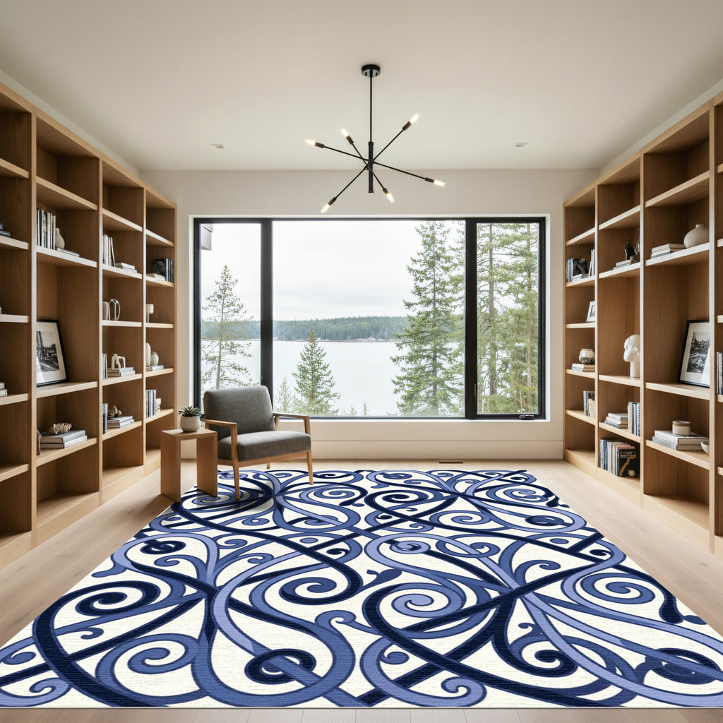 Elegant Navy Blue Interlocking Scroll Rug