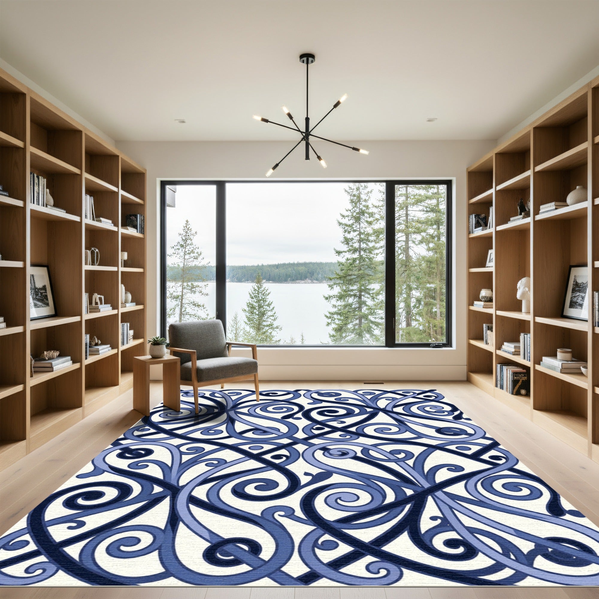 Elegant Navy Blue Interlocking Scroll Rug