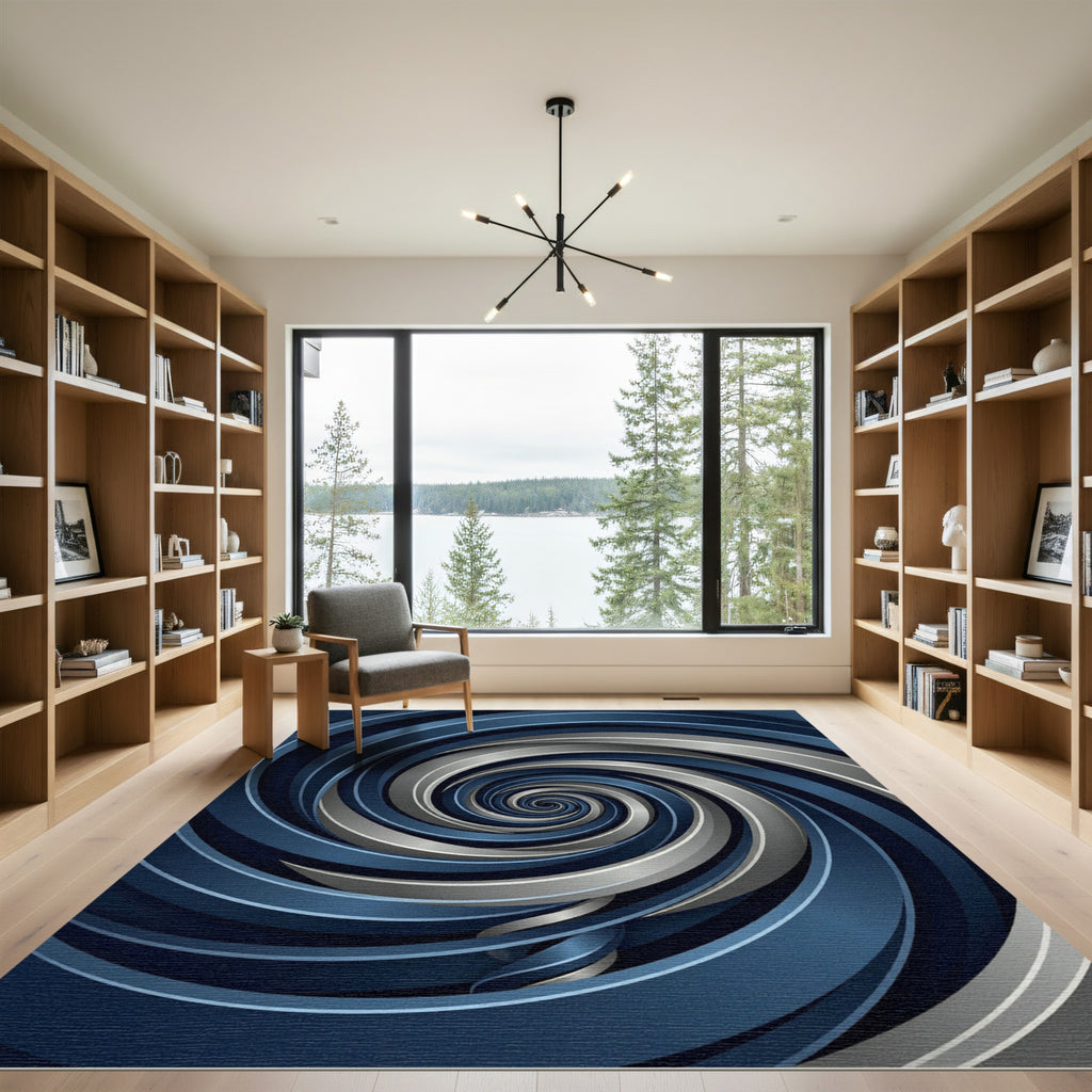 Modern Metallic Navy Silver Swirl Rug