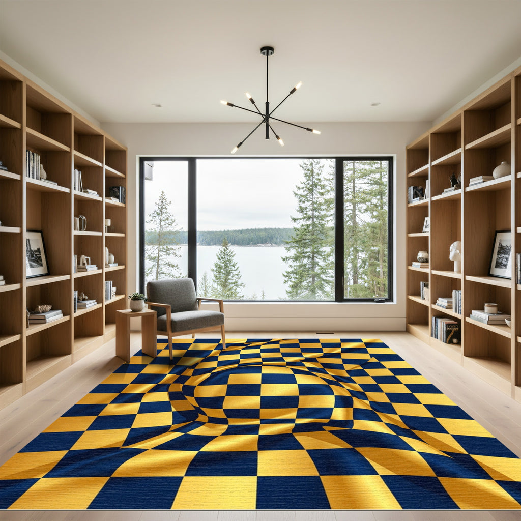 Golden Navy Blue Checkerboard Folded Illusion Rug