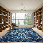 Deep Blue Damask Floral Scroll Rug