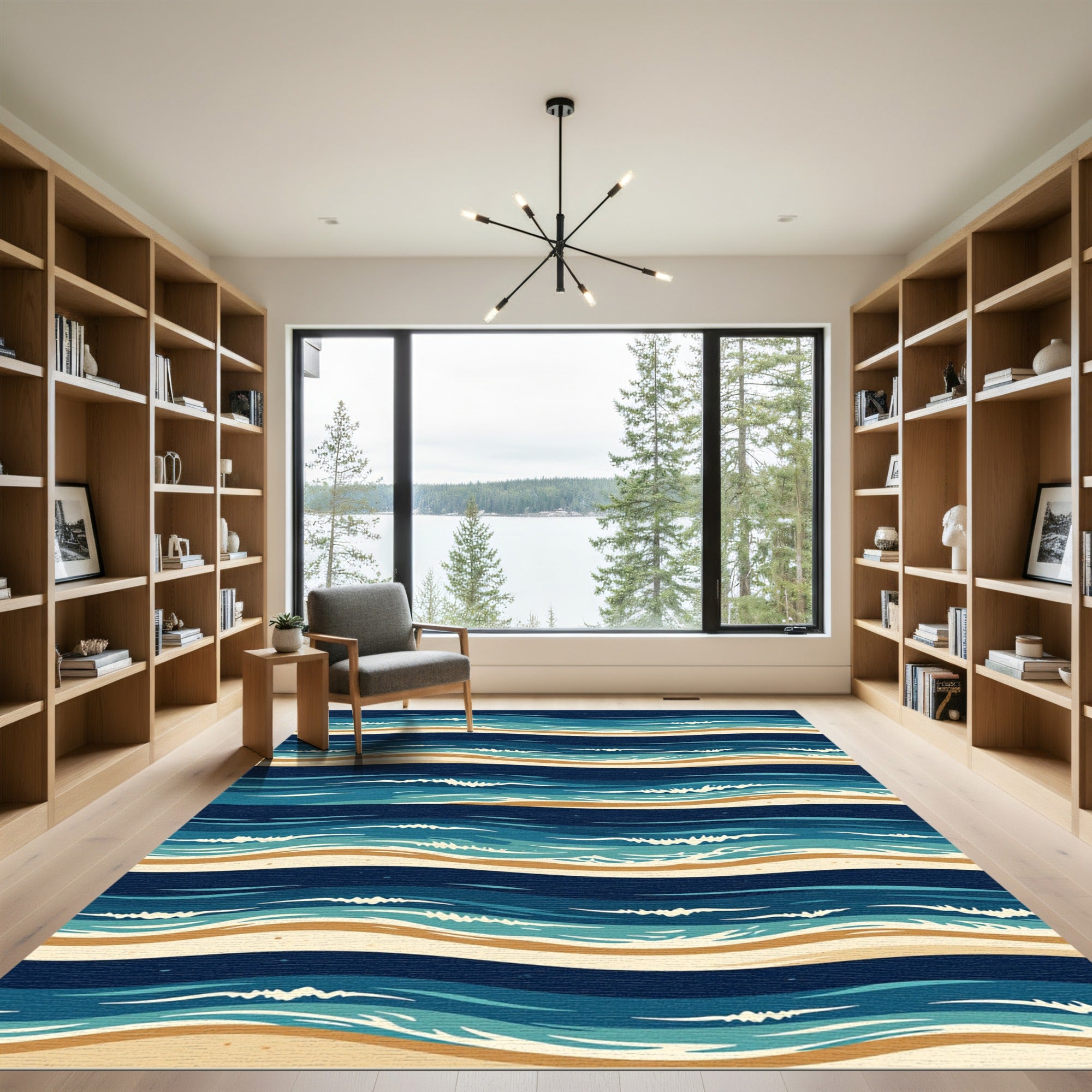 Coastal Azure Wavy Ocean Stripe Rug
