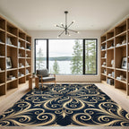 Elegant Golden Scrollwork Navy Medallion Rug